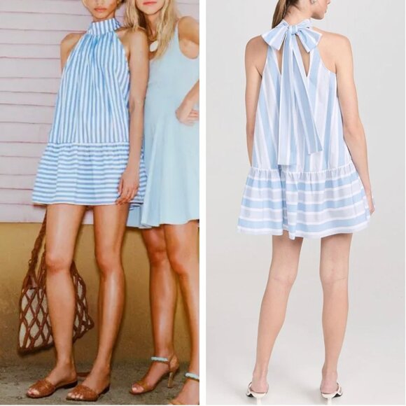 NWT STAUD Marlowe Mini Dress Adriatic Stripe Blue White Cotton Bow Small - Picture 1 of 11